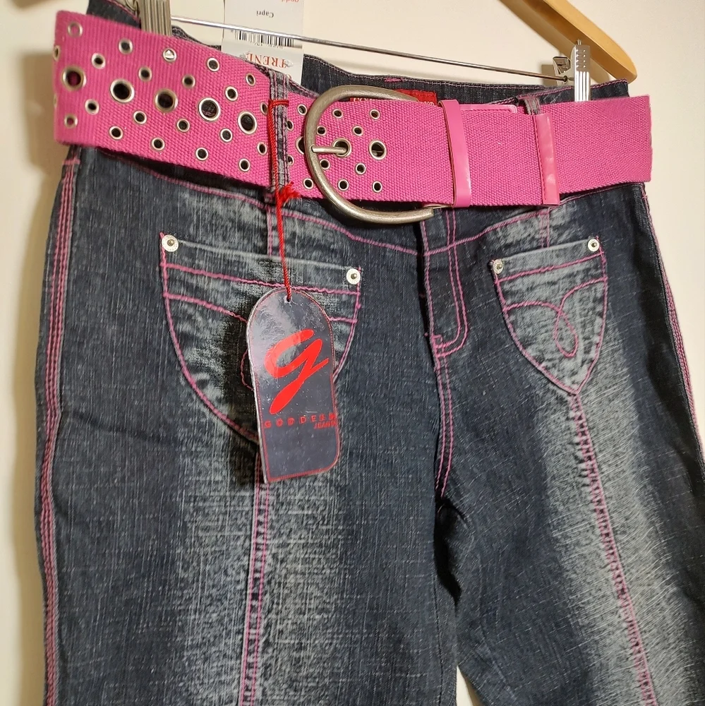 Goddess Trend Stylish Black Stone Washed Cropped Jeans With Pink Stitching - Picture 2 of 6